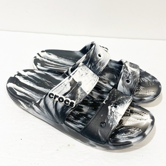 Crocs Size 7 Classic Marbled Slide Black White Sandals Double Strap - Picture 3 of 6